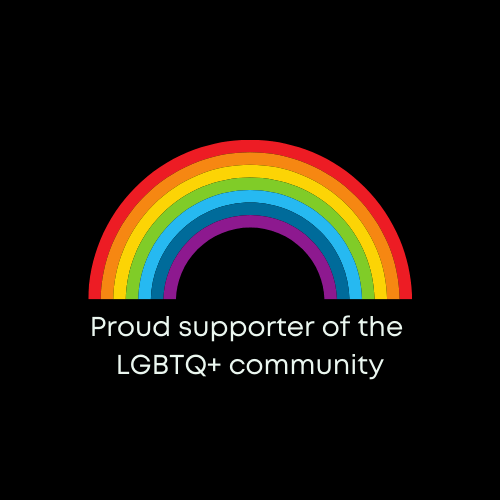 Rainbow on a black background with text saying proud supporter of the LGBTQ+ community