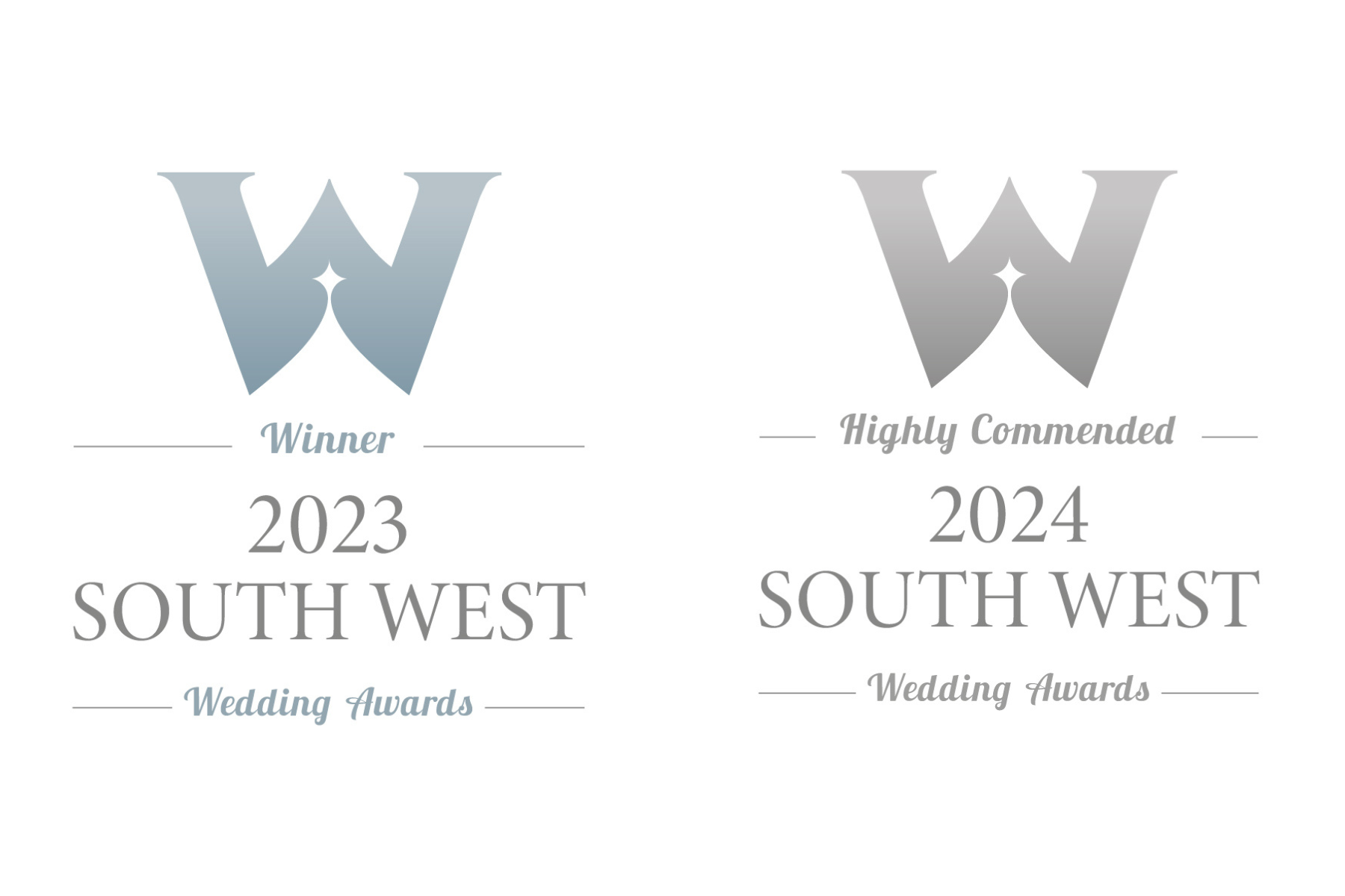 20230 and 2024 South West Wedding Awards winner and highly commended badges.
