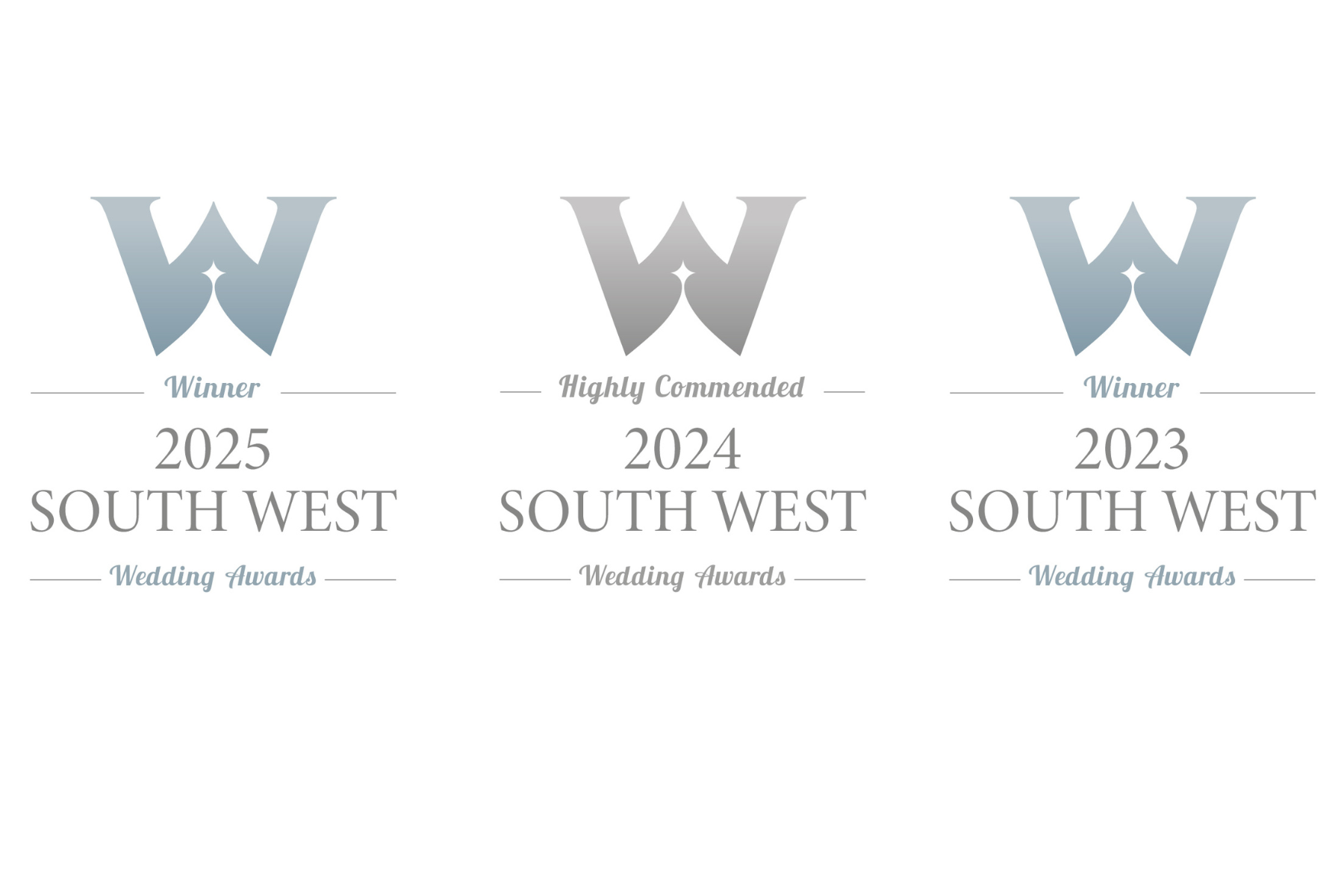 two winner and one highly commended award certificates from the South West Wedding Awards 2023, 2024 and 2025