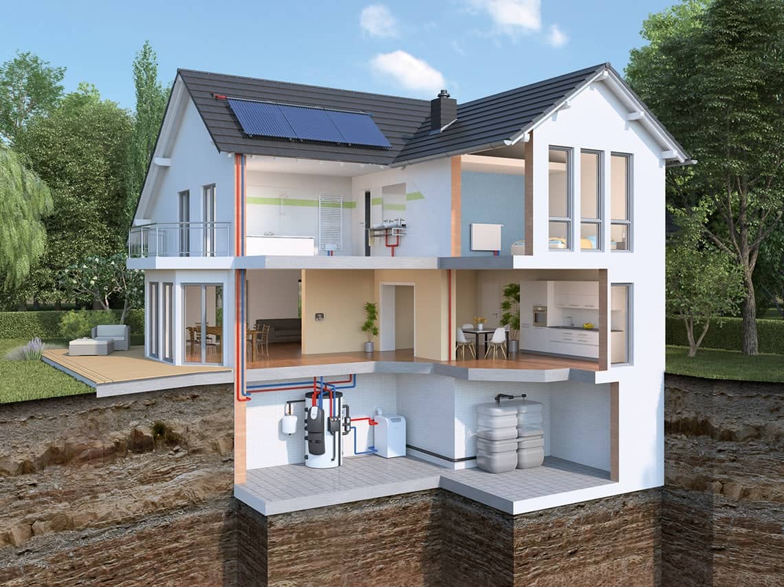 Schnitt vom Haus mit der Haustechnik von Brötje mit Ölkessel BOB