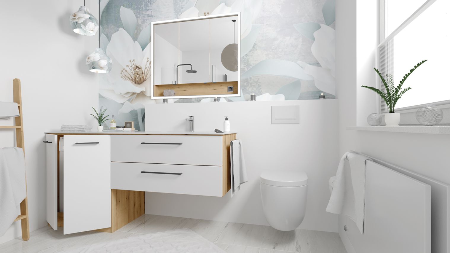 Waschbeckenunterschrank mit Waschmaschinenschrank von Creawash von Creativbad, Blick von vorne