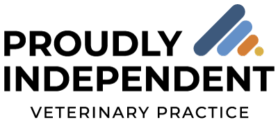 Proudly Independent Veterinary Practice in black text with a three forward slashed lines on the upper right corner.