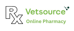 Prescription logo, RX, next to VetSource Online Pharmacy in light green bold text.
