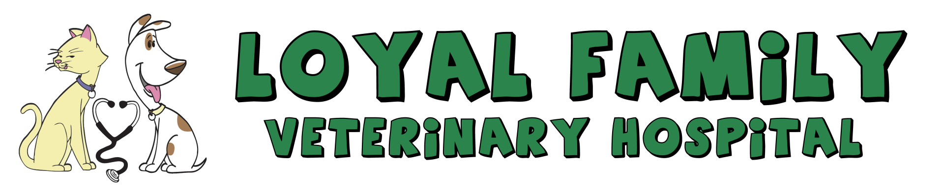 A yellow cat and white dog with brown spots with a stethoscope. Loyal Family Veterinary Hospital in bold green text.