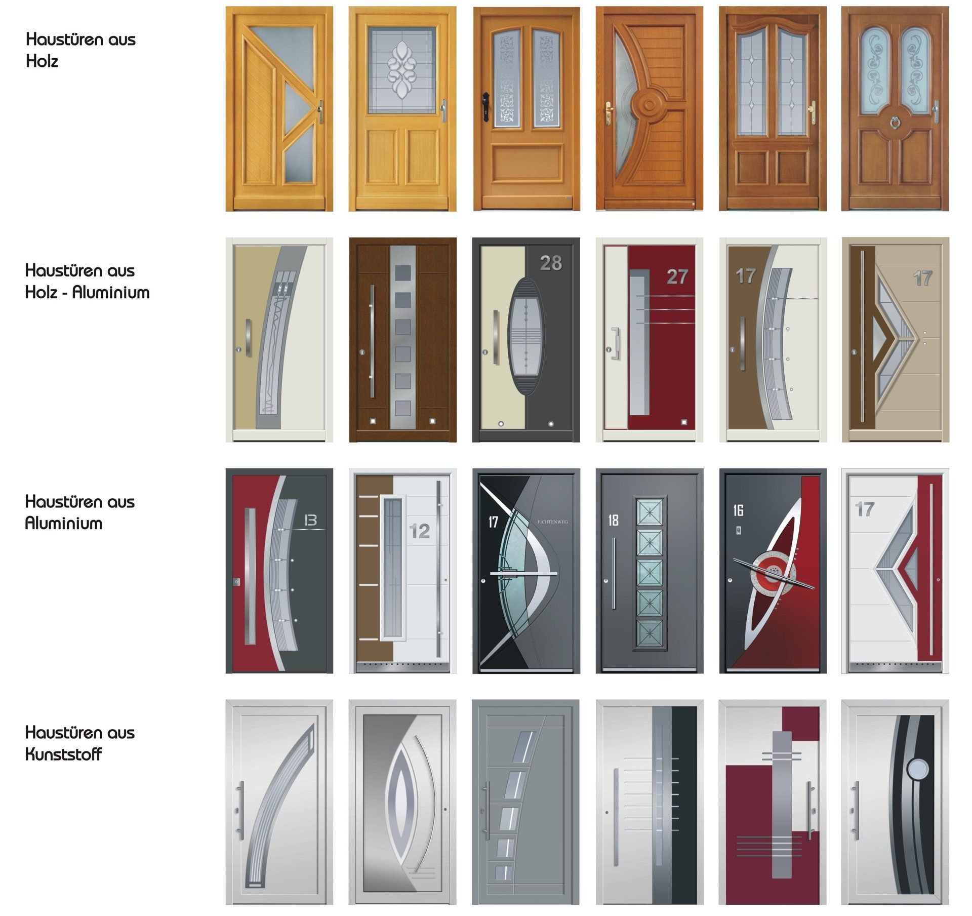 Übersicht Auswahl Haustüren aus Holz, Holz-alu, Kunststoff, Aluminium
