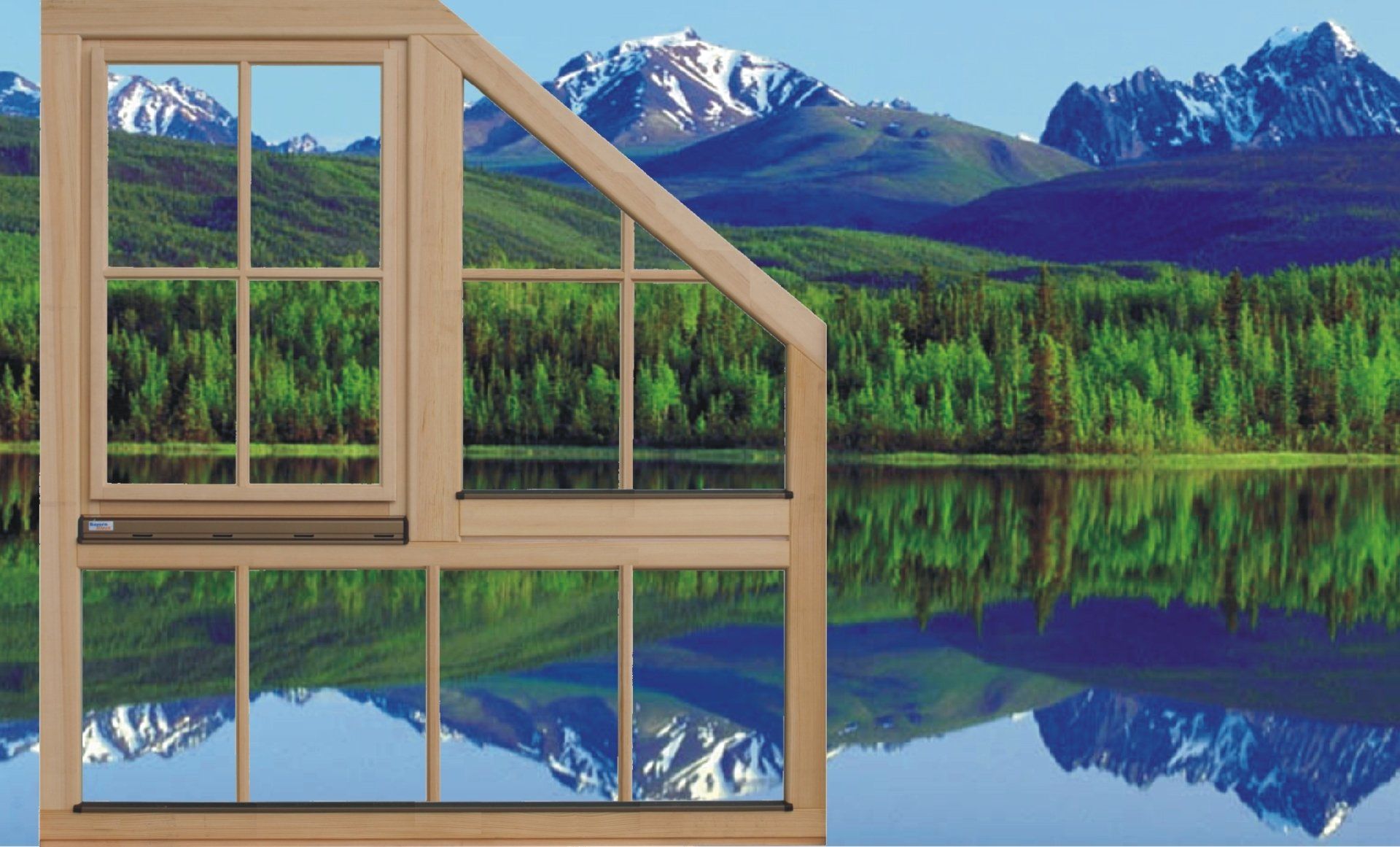 Fensterelement mit See, Wald und Berge im Hintergrund