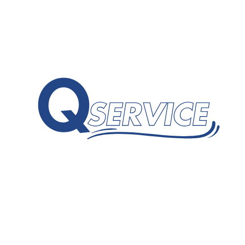 Logo für den Existenzgründer-Service für Hörakustikunternehmensgründer. Startet mit einem dunkelblauen Q und dahinter in ungefüllten blauen Großbuchstaben mit dem Schriftzug Service.