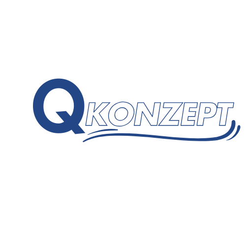 Logo für das Unternehmenskonzept Existenzgründung Hörakustik. Startet mit einem dunkelblauen großen Q und Konzept in blauen Großbuchstaben dahinter.