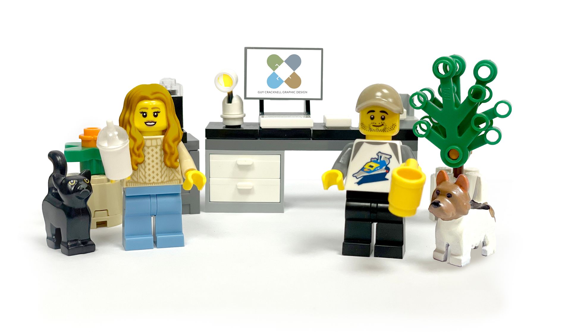 Guy, Lauren and Basil the dog as Lego characters