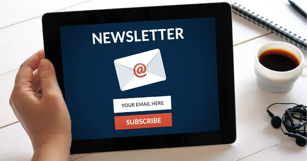 Jemand hält ein Tablet mit einer Grafik zum Thema Newsletter in der Hand