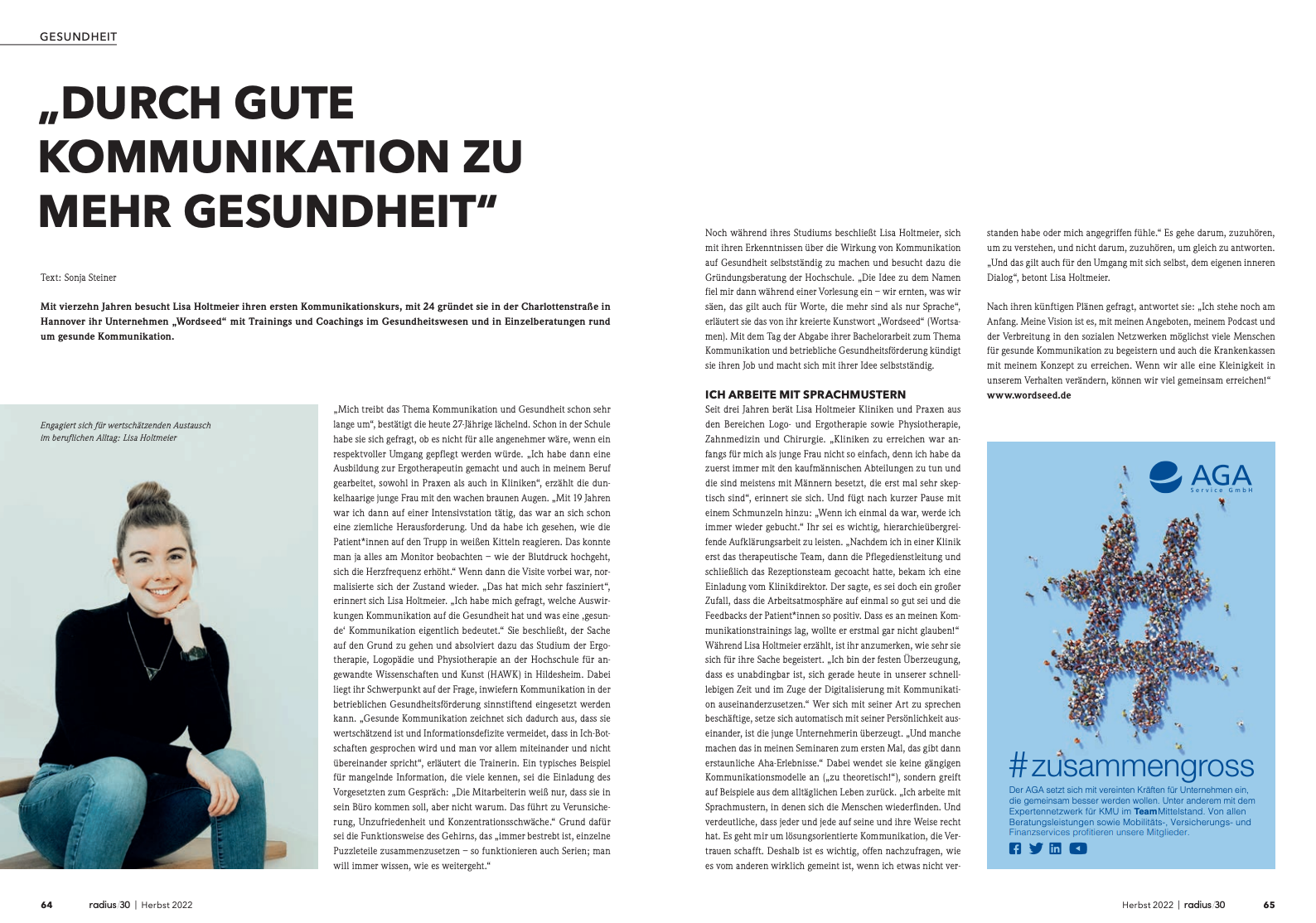 Ausschnitt des Artikels über Lisa Holtmeier in der Zeitschrift Radius/30.