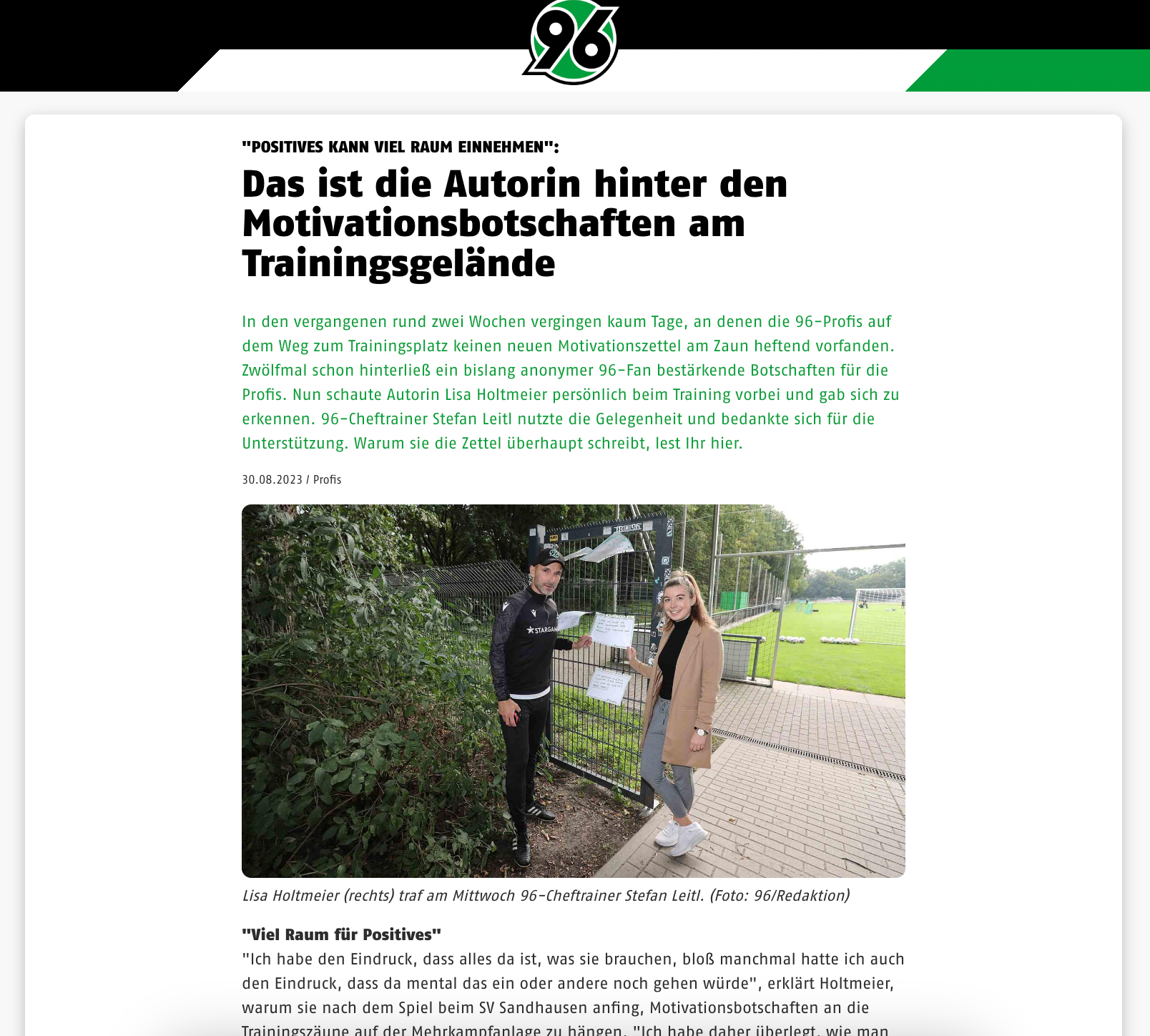 Ausschnitt des Artikels über Lisa Holtmeier aus der Webseite von Hannover 96 mit Stefan Leitl.