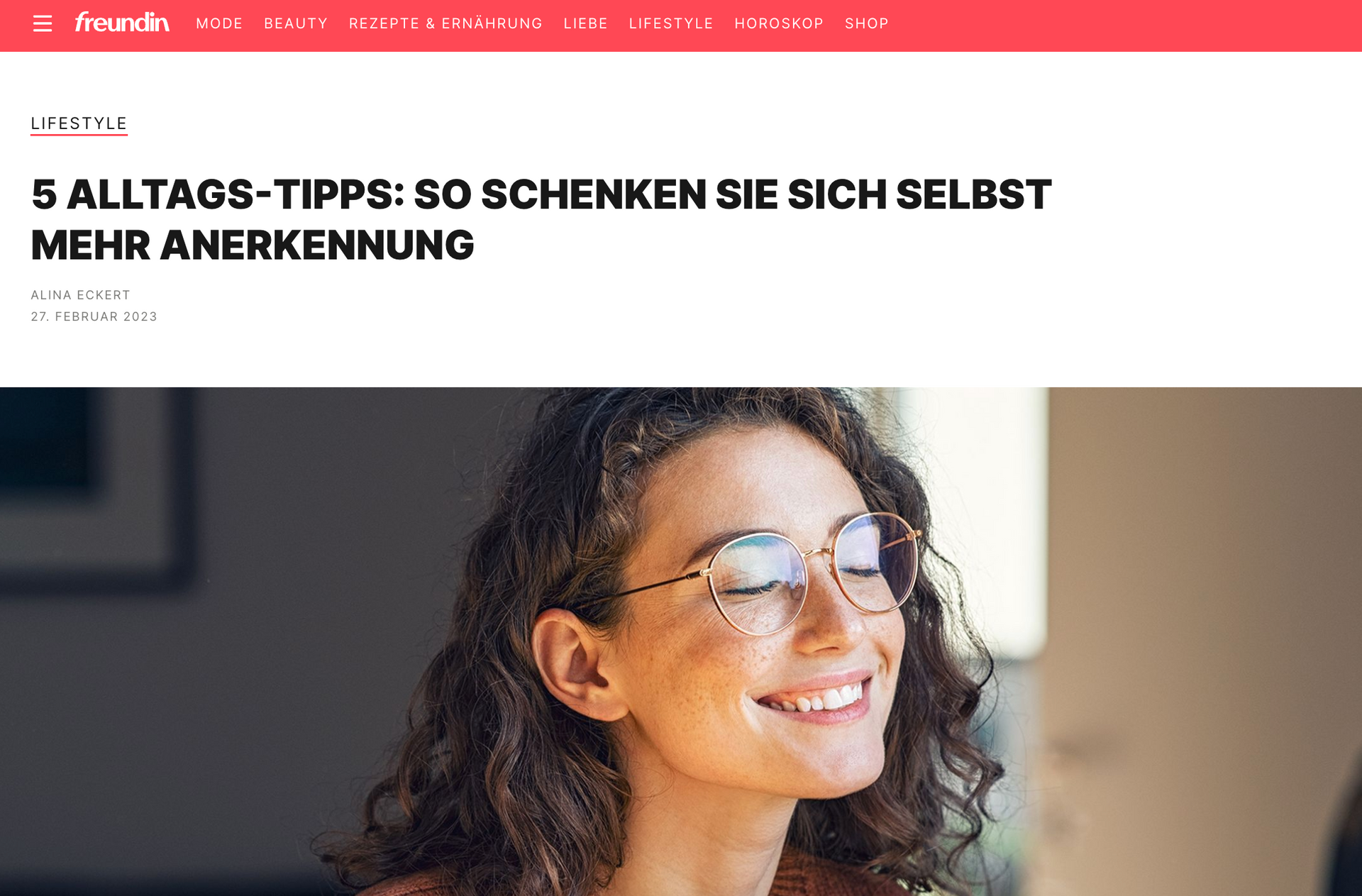 Ausschnitt des online Artikels über Lisa Holtmeier in der freundin.