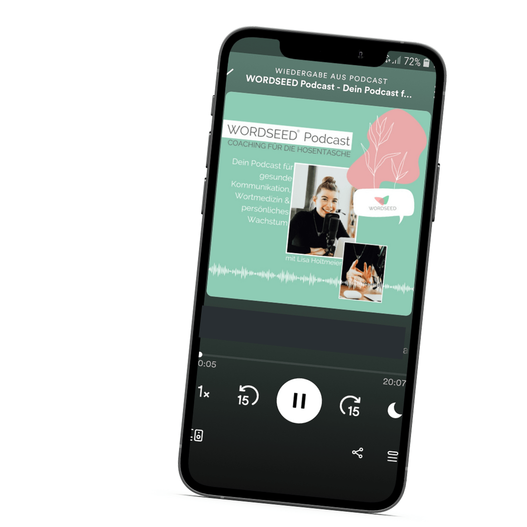 Handy mit dem geöffneten WORDSEED Podcast auf dem Display