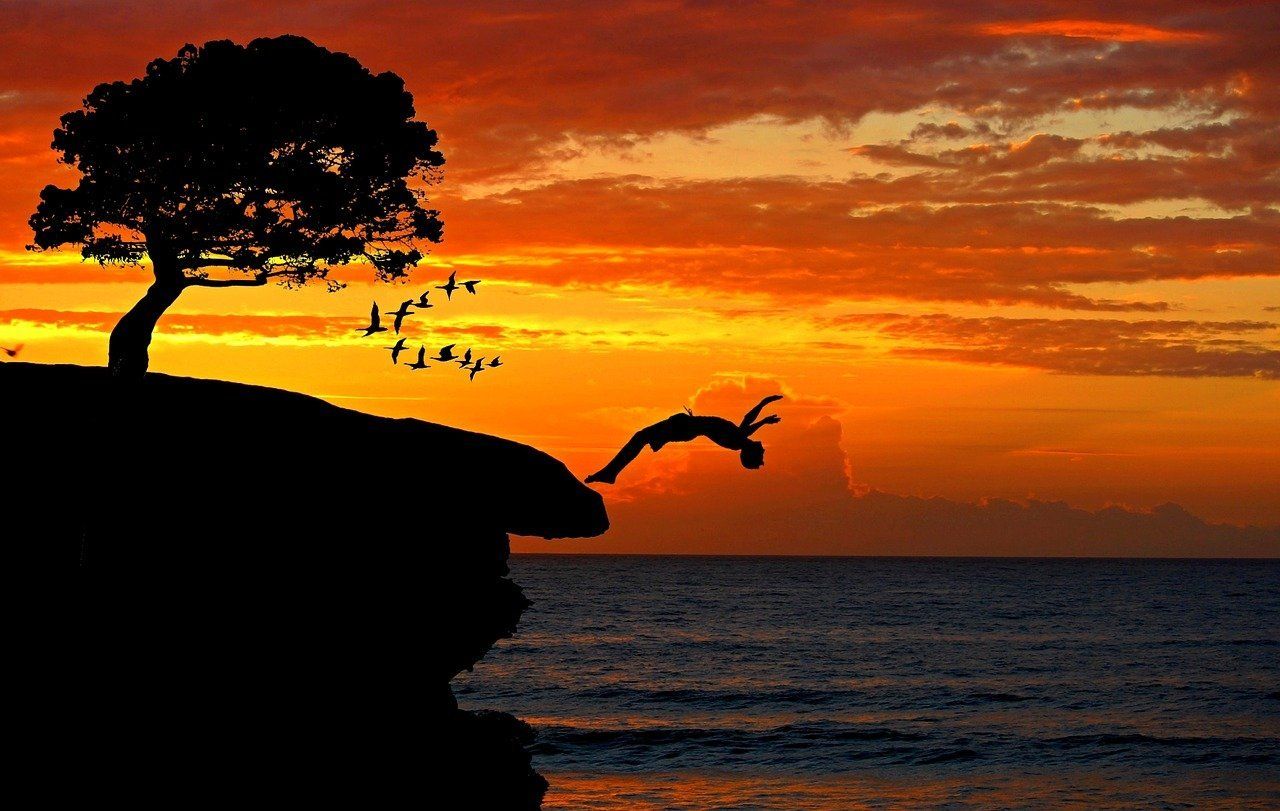 Mutiger Kopfsprung jump alleine ins kalte Wasser Klippe Meer  sea Sonnenuntergang sunset Baum Vögel