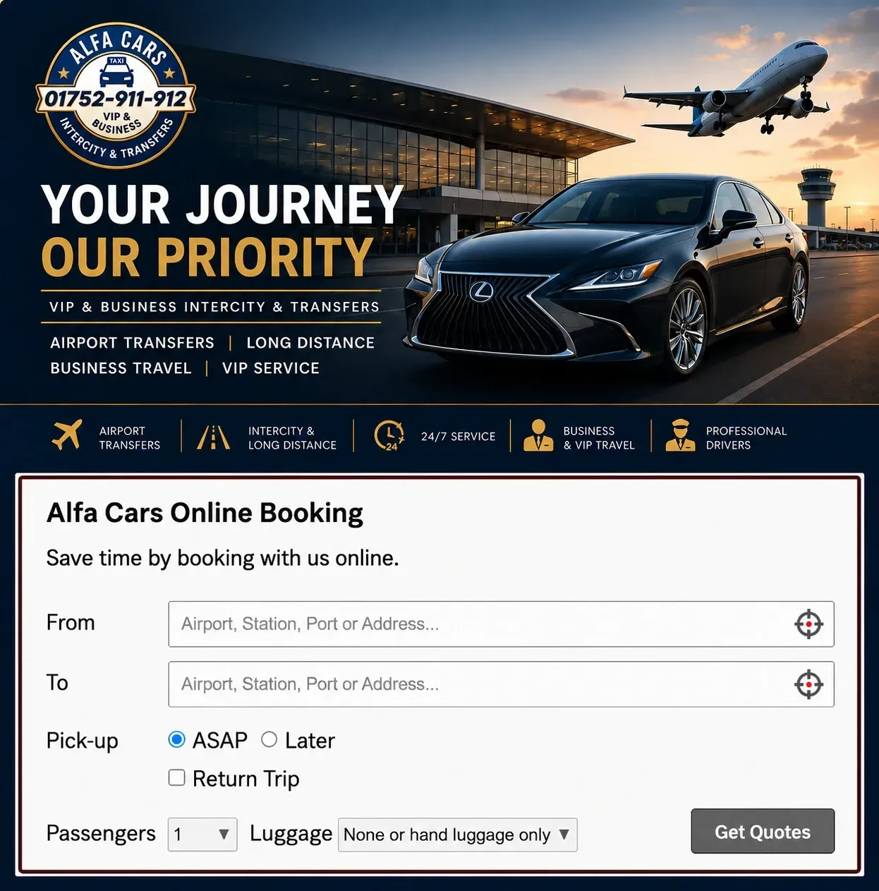 Airport transfers Plymouth online booking page