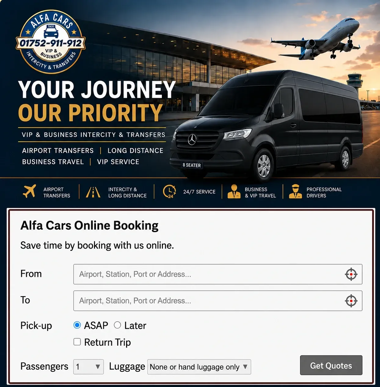 Airport transfers Plymouth online booking page