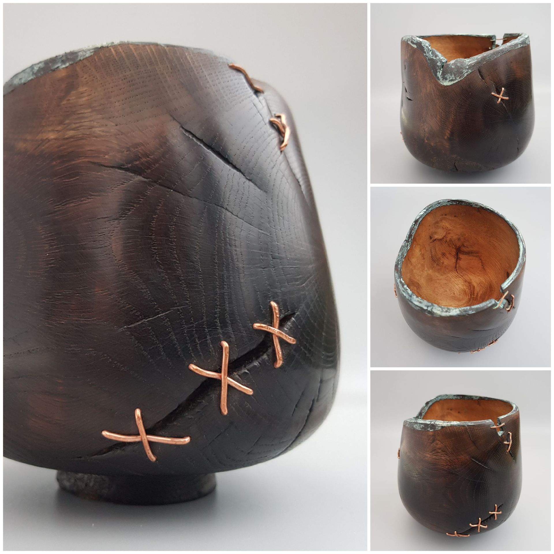 Scorched Oak Pot Scorched oak pot, misshapen with copper stitches across large radial crackes. Shown from 4 different angles.