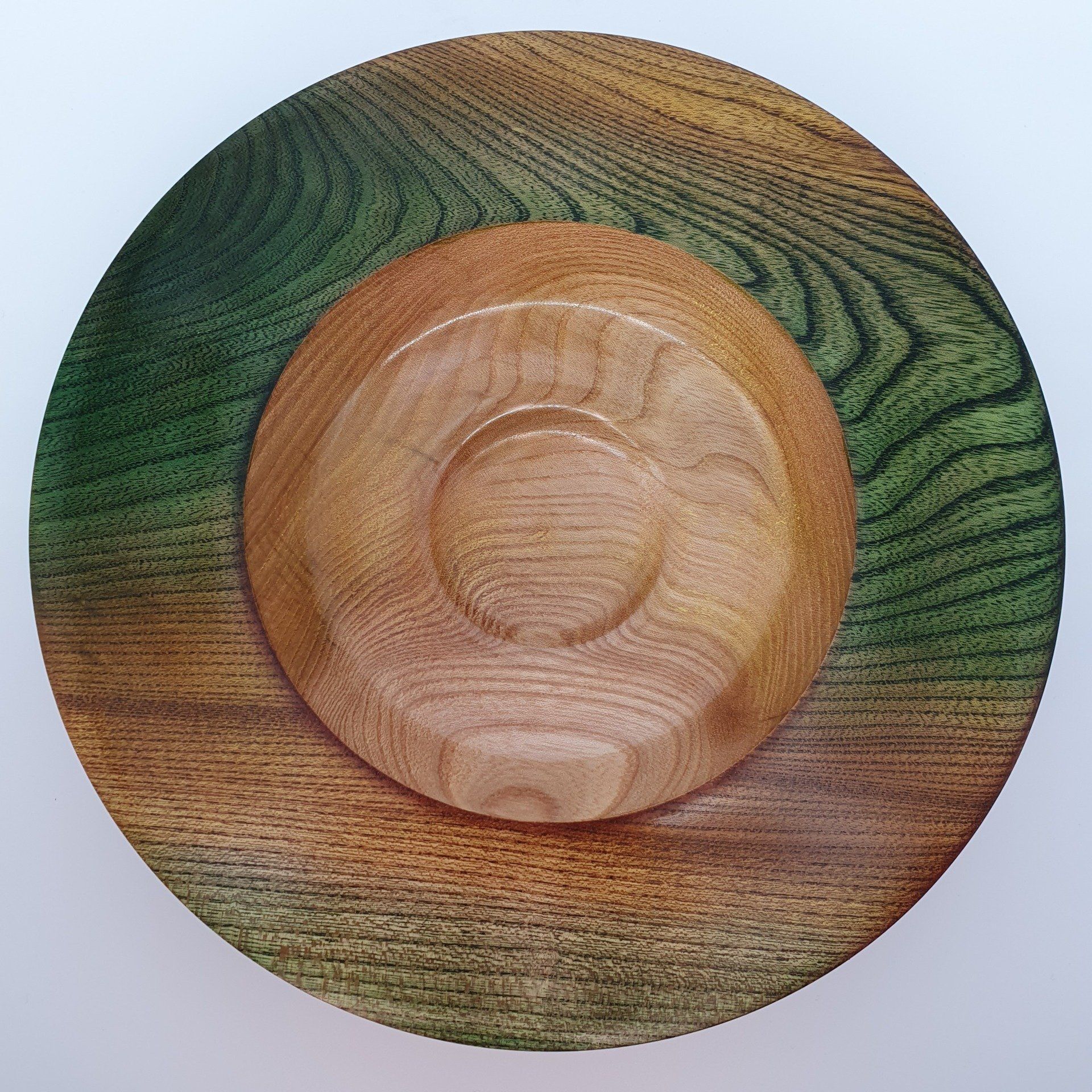 Autumn Inspired Large wooden bowl with a striking grain pattern and decorated with the greens and yellows of early Autumn.
