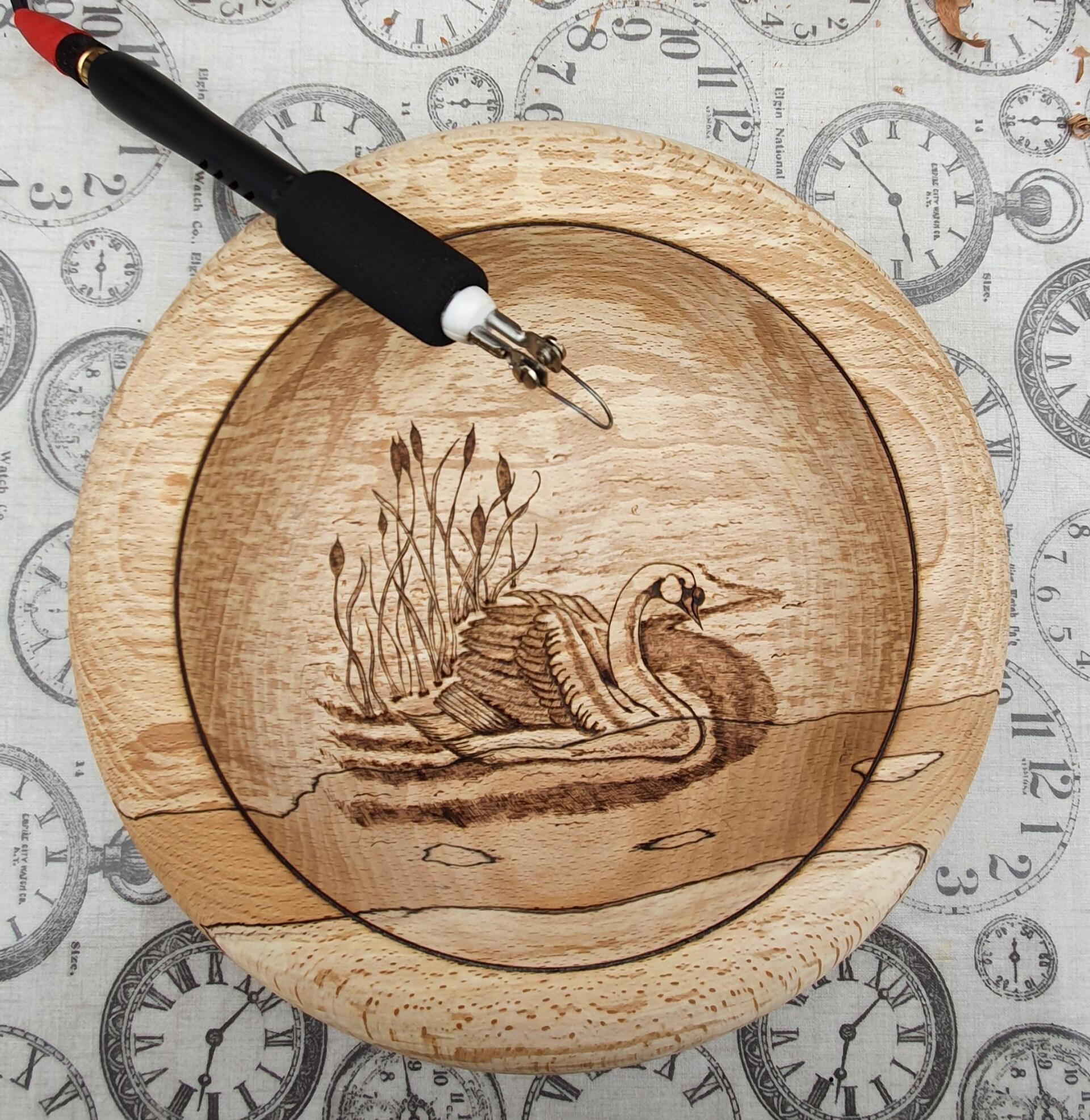 Razortip SK Spalted beech bowl turned by WoodyNess with pyrographed swan image