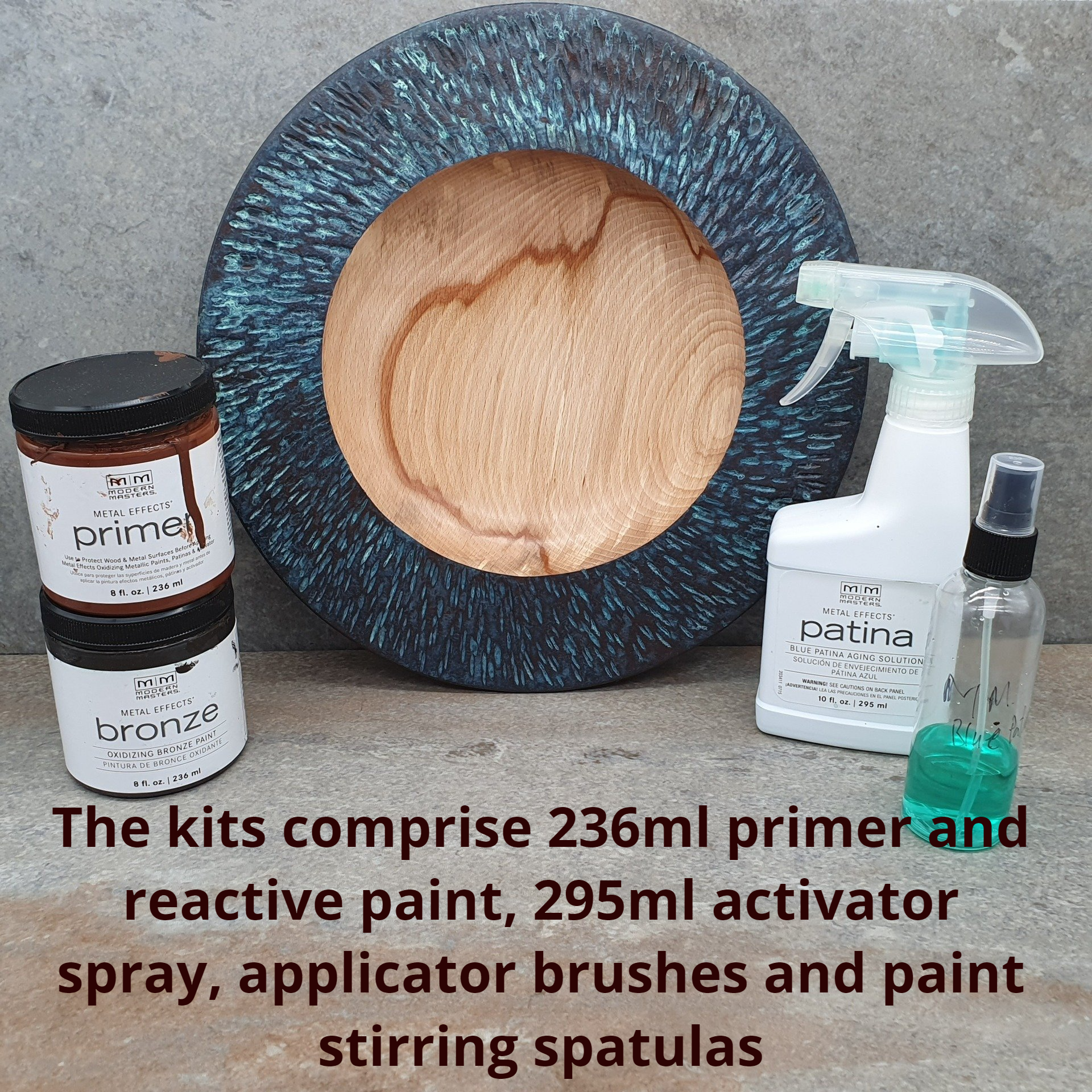 Modern Masters metal effects oxidizing bronze paint WoodyNess Collection patina bronze spalted beech platter