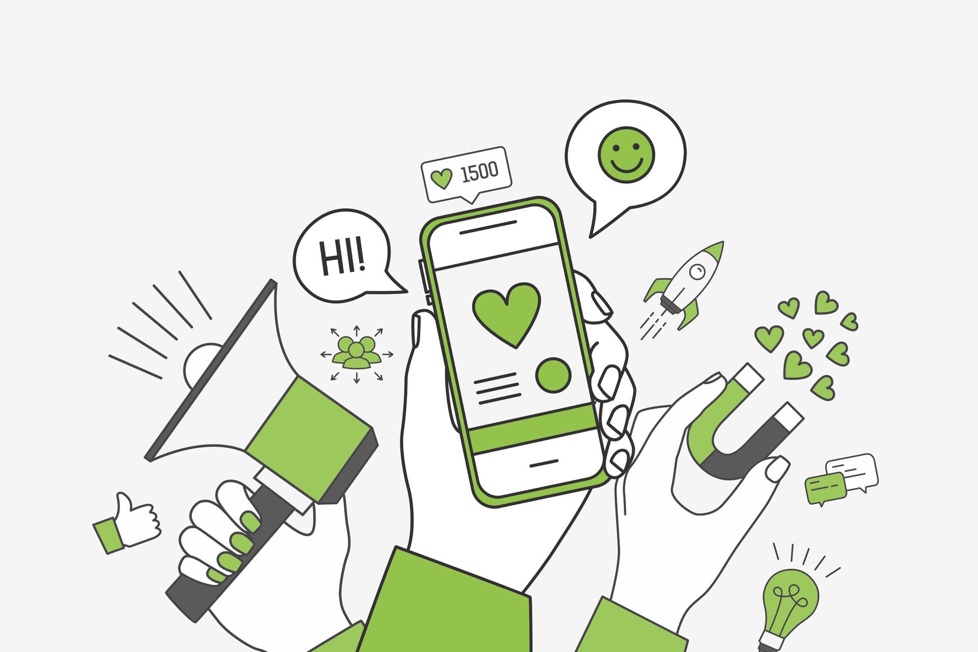 Illustration eines Smartphones mit Social-Media-Symbolen und grünen Grafikelementen