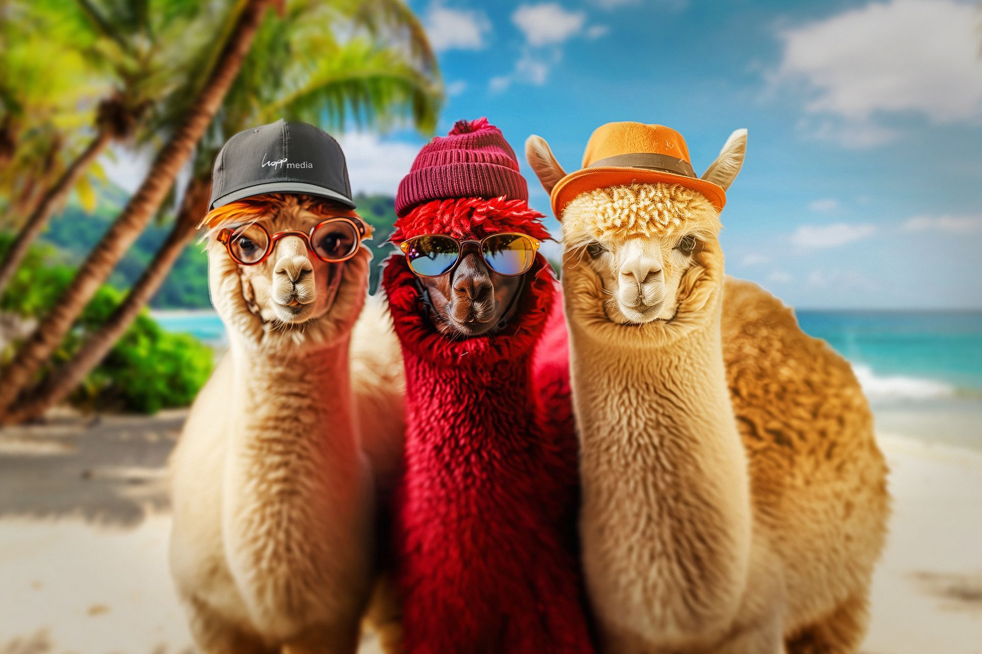 Drei Lamas mit Cap, Mütze und Hut zeigen humorvoll verschiedene Kopfbedeckungen als Werbeartikel für