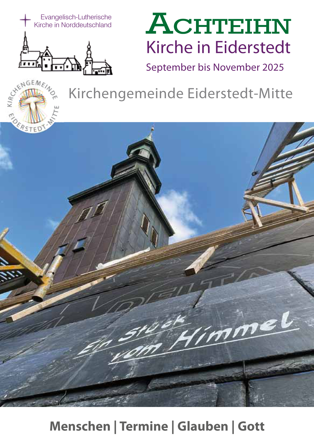 Das Bild zeigt die Titelseite des Gemeindebriefes Herbst 25: Kirche Tating - Dachsanierung