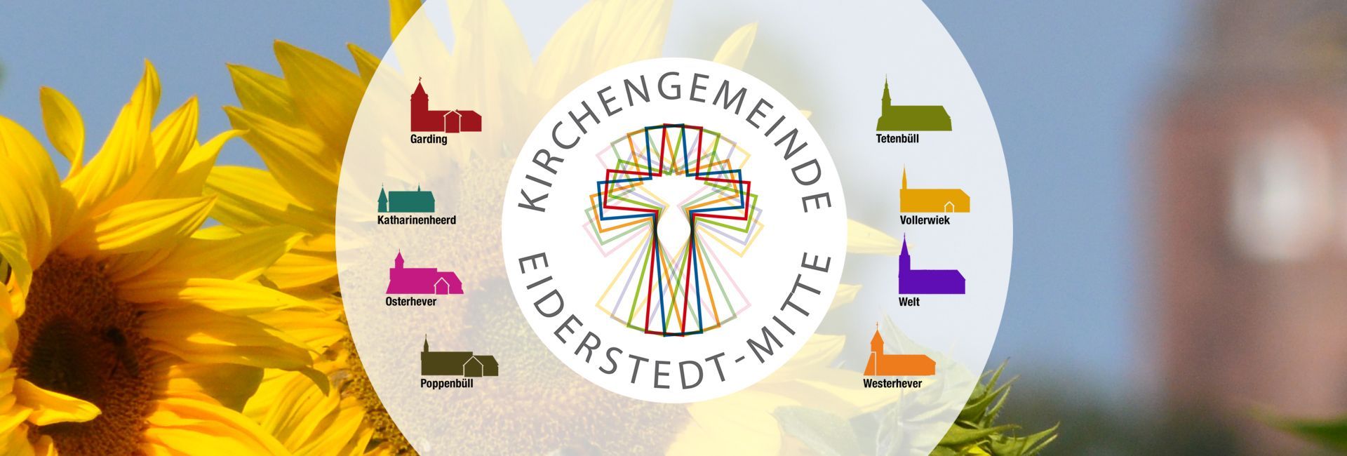 Das Bild zeigt das Logo der Kirchengemeinde Eiderstedt Mitte. Darum herum sind die 8 Kirchen der Gemeinden angeordnet.
