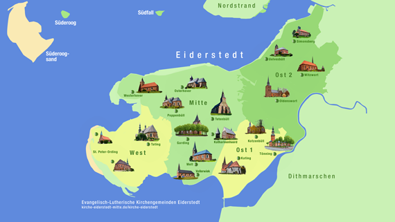 Link zur Seite Kirchenlandschaft Eiderstedt. Die Landkarte zeigt die Halbinsel Eiderstedt mit ihren 18 Kirchen. Link zur Seite Kirchenlandschaft Eiderstedt. Landkarte Eiderstedt 18 Kirchen