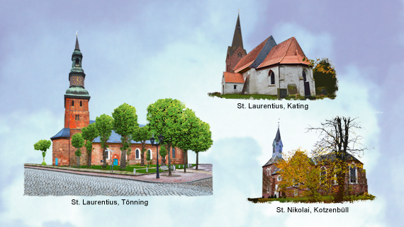 Das Bild zeigt die 3 Kirchen der Kirchengemeinschaft Tönning-Kating-Kotzenbüll. Das Bild zeigt die 3 Kirchen der Kirchengemeinschaft Tönning-Kating-Kotzenbüll.
