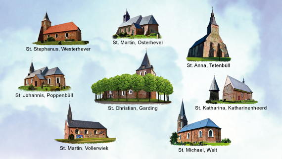 Link zur Seite Unsere Kirchen. Das Bild zeigt die 8 Kirchen der Kirchengemeinde Eiderstedt Mitte. Link zur Seite Unsere Kirchen.
Das Bild zeigt die 8 Kirchen der Kirchengemeinde