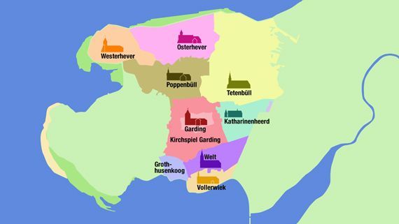 Link zur Seite Über uns Link zur Seite Über uns.
Das Bild zeigt eine Landkarte von Eiderstedt. Die Kirchengemeinden sind farbig hervorgehoben.
