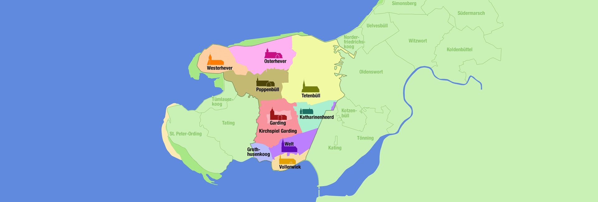 Die Grafik zeigt in einer Landkarte die Gemeinden der Kirchengemeinde Eiderstedt Mitte