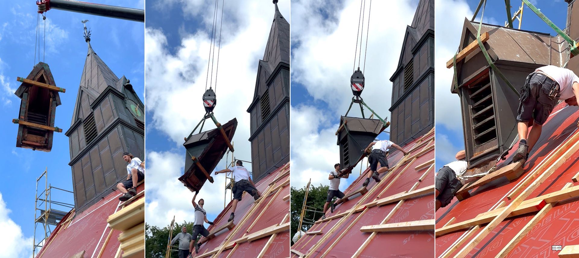 Das Bild zeigt den Gaubeneinbau während der Sanierung der Kirche St. Johannis