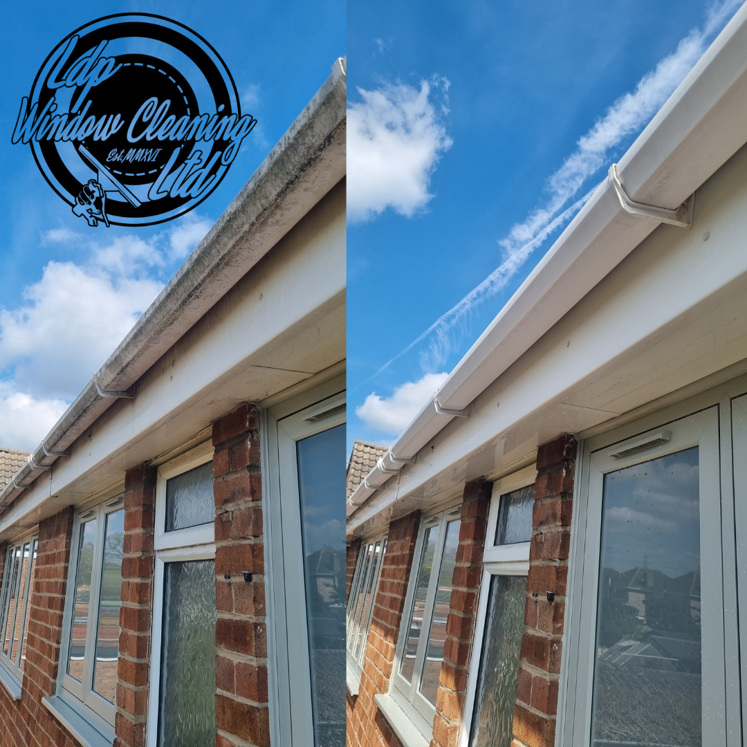 before and after photo collage of a soffit and fascia clean in leicester