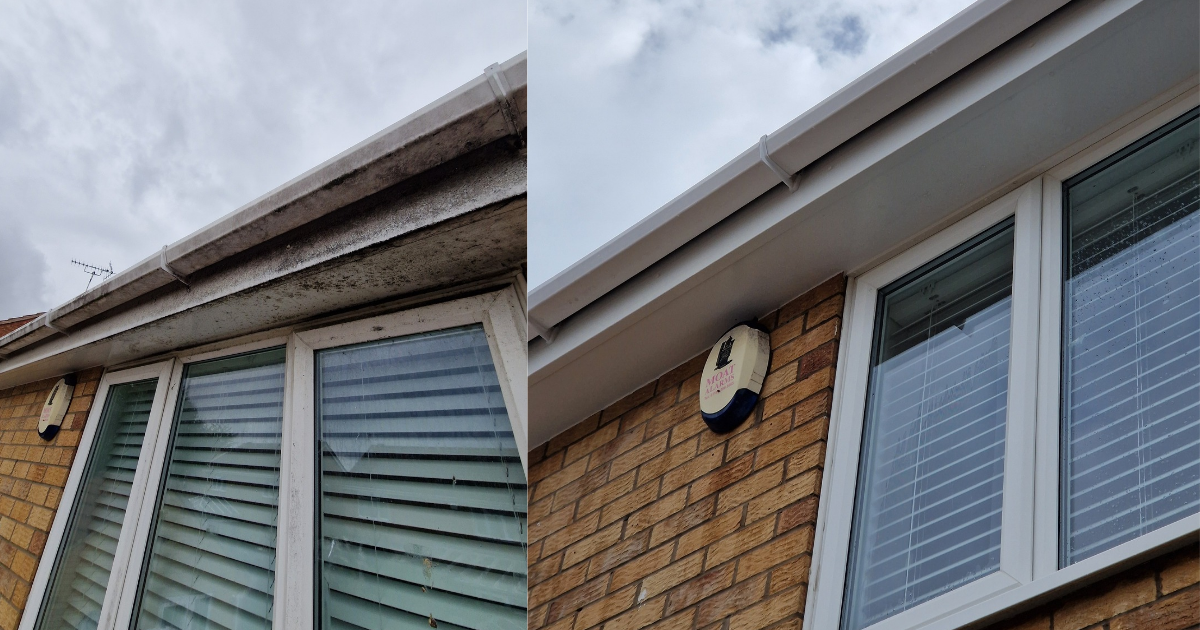 before and after photos of a soffit and fascia clean at a property in Hinckley