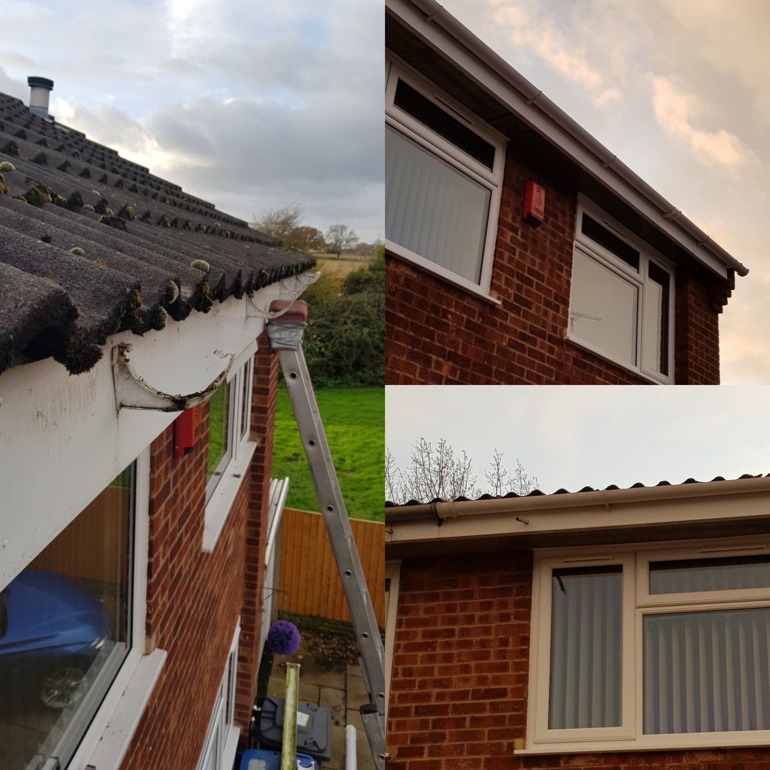 Before and after photos of a guttering repair job LDP Window Cleaning Ltd completed
