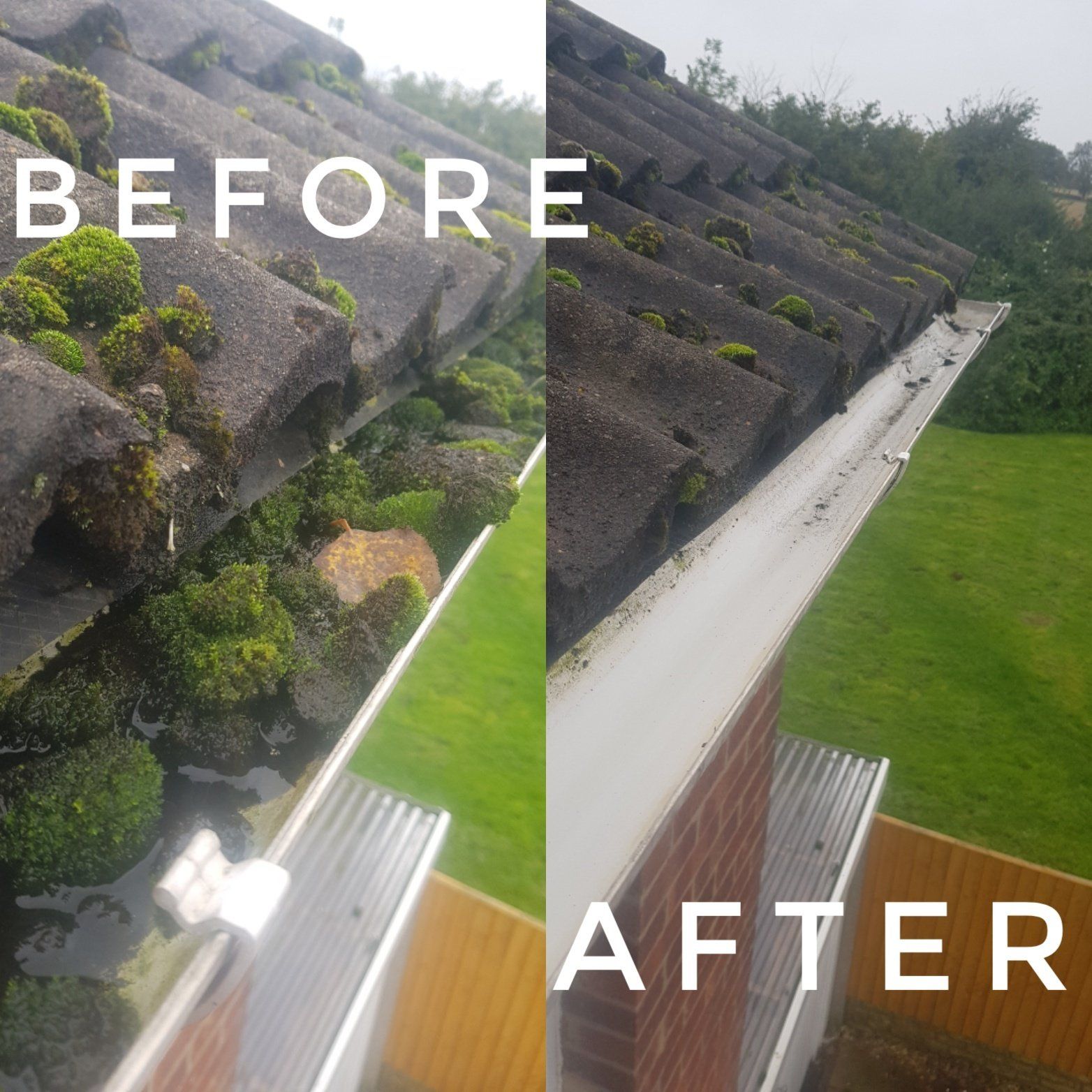 before a clean and after the clean photo of guttering full of moss