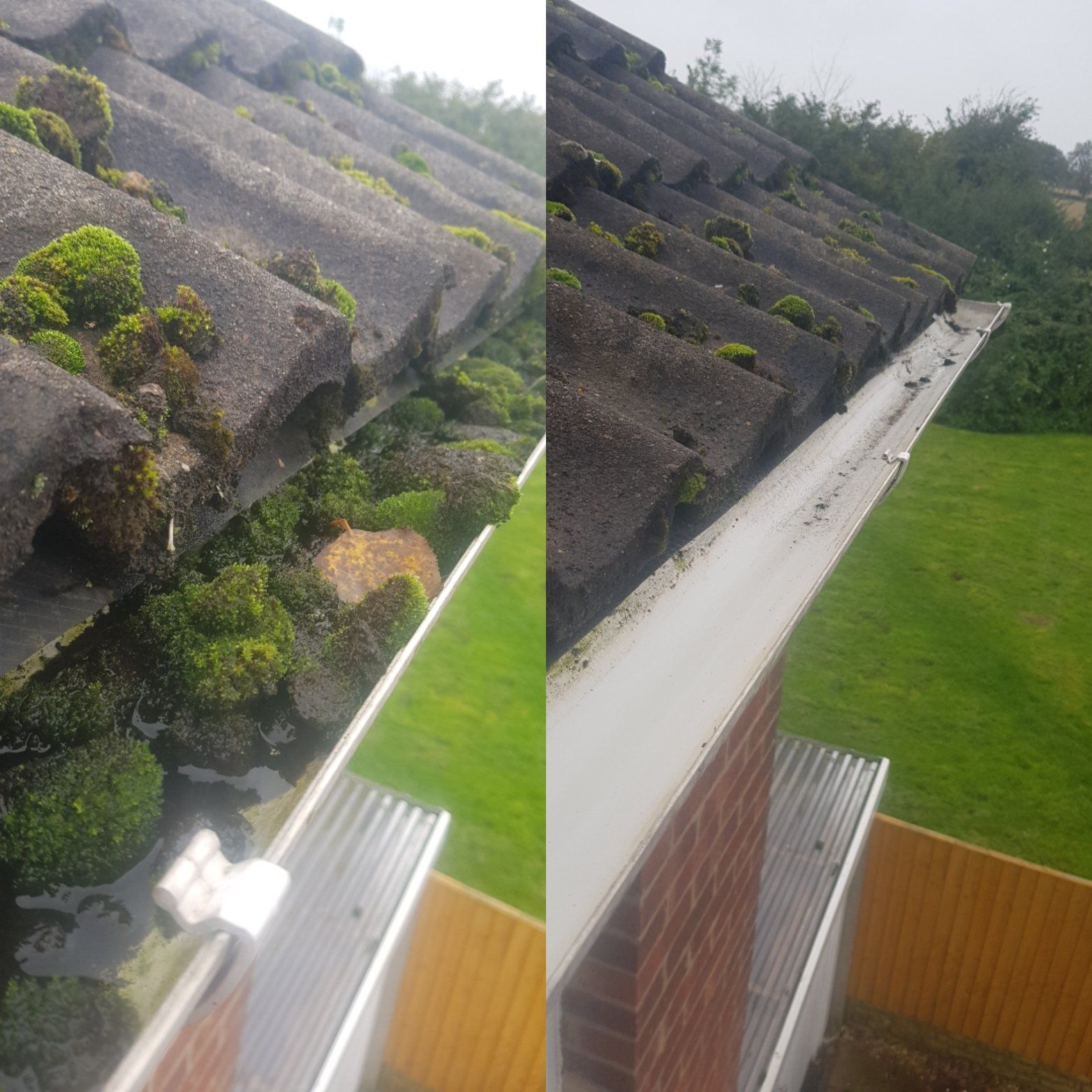 Before a clean and after a clean photo of guttering full of moss
