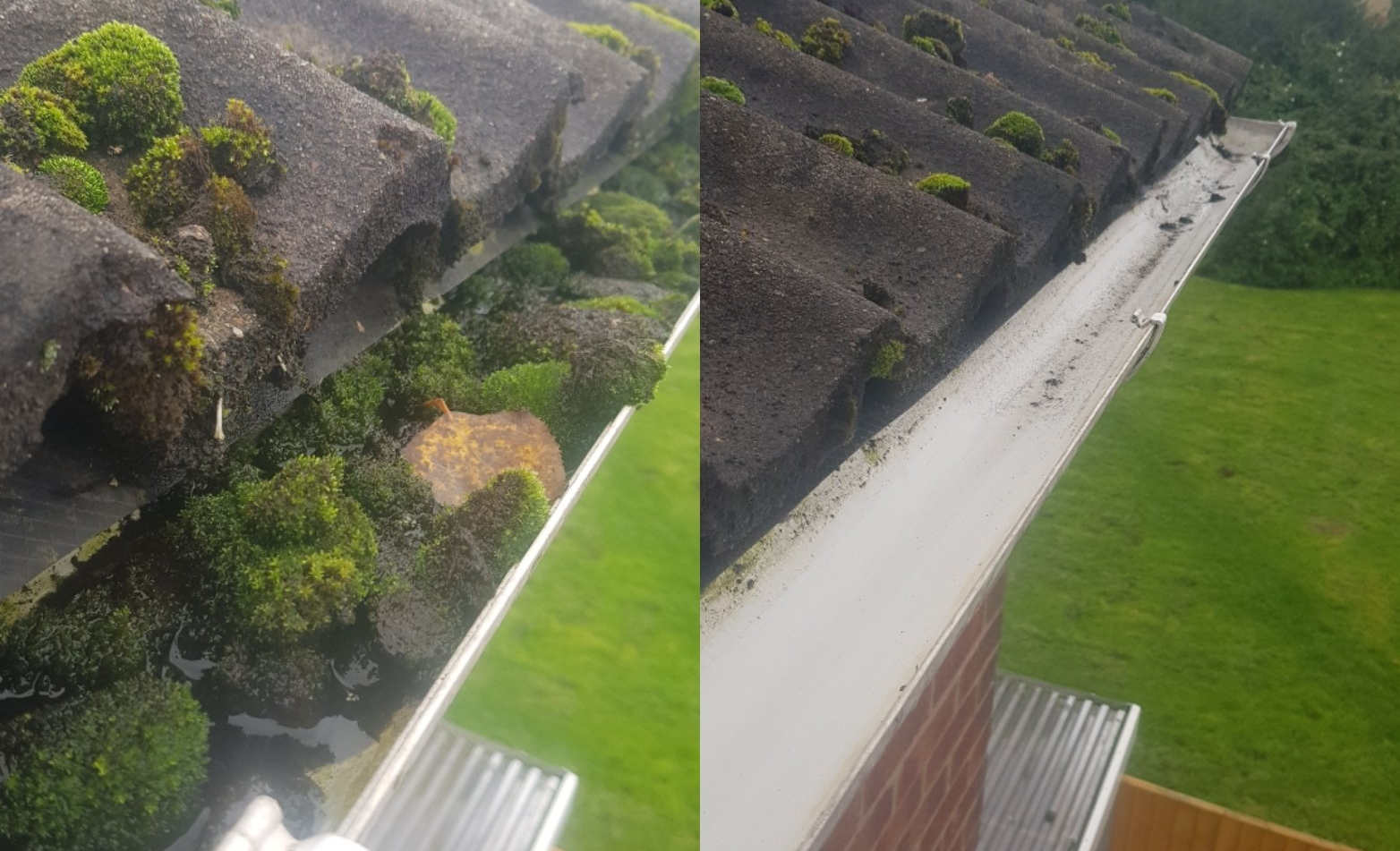 before and after picture of a gutter clean we did in barwell