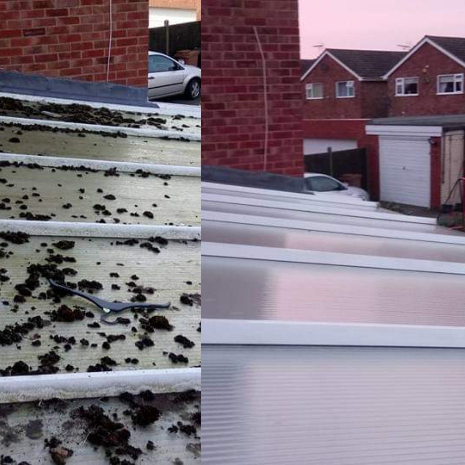 before and after photo collage of a filthy to a cleaned conservatory roof