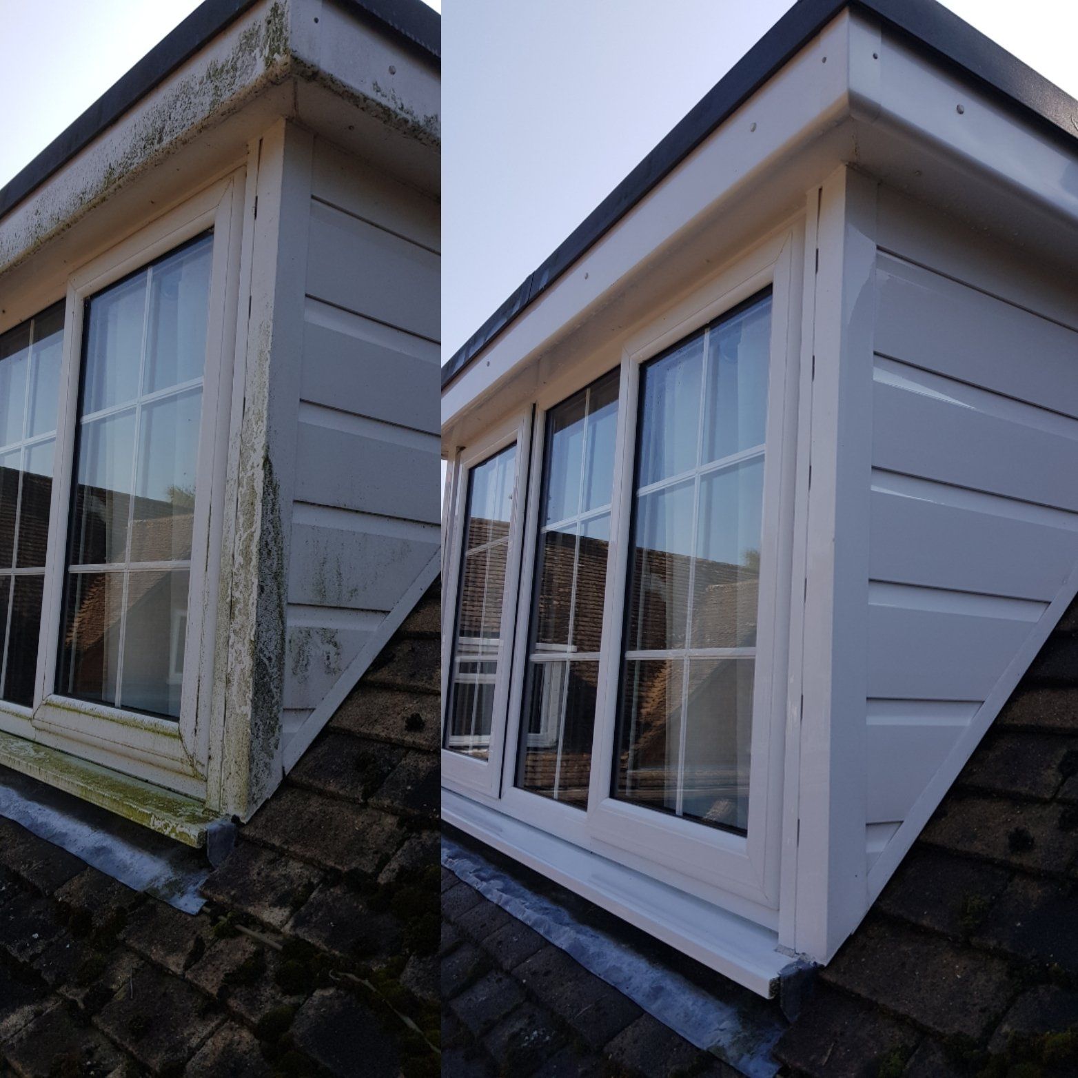 Before a clean and after a clean photo of some dirty cladding