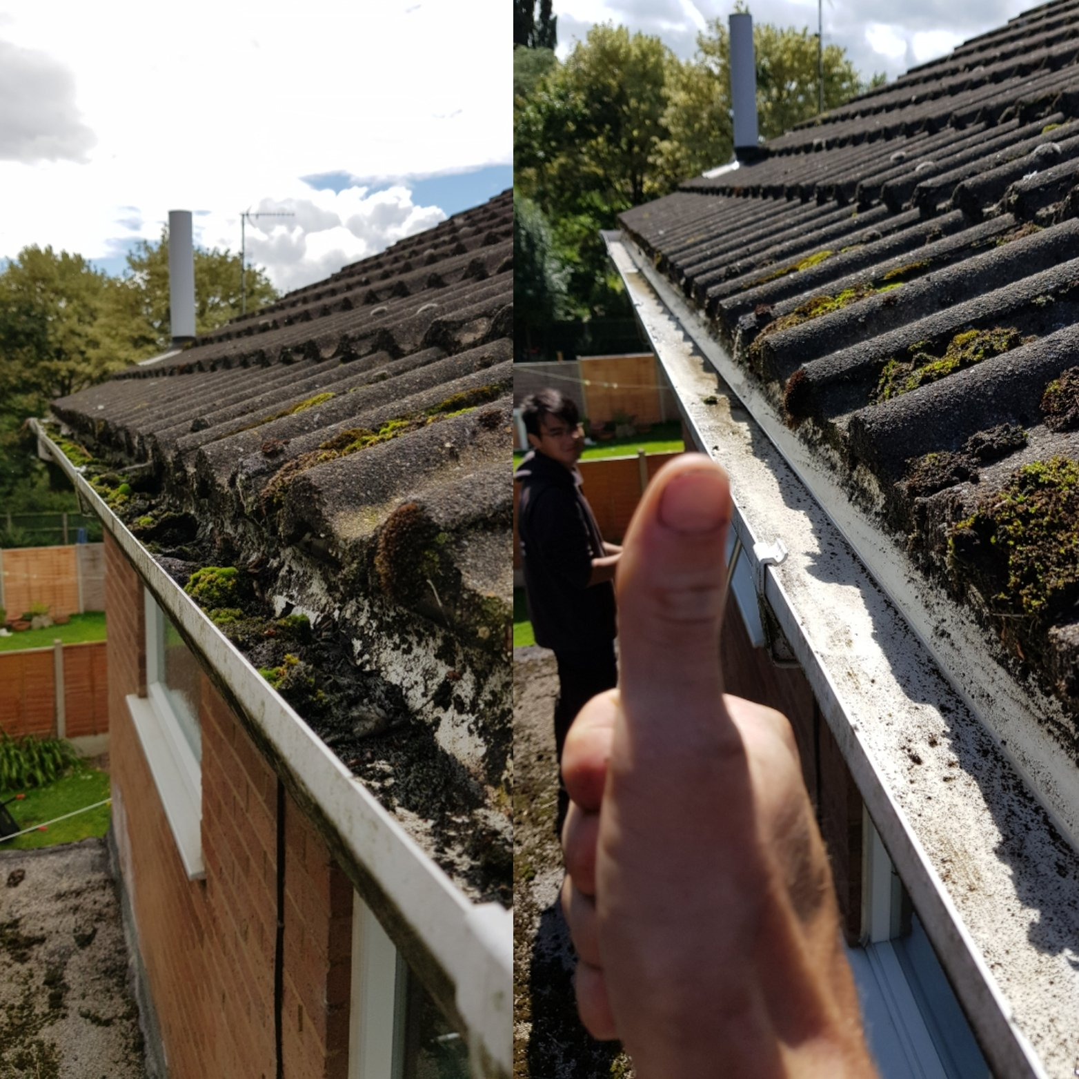 before and after photo of some guttering full of silt and moss