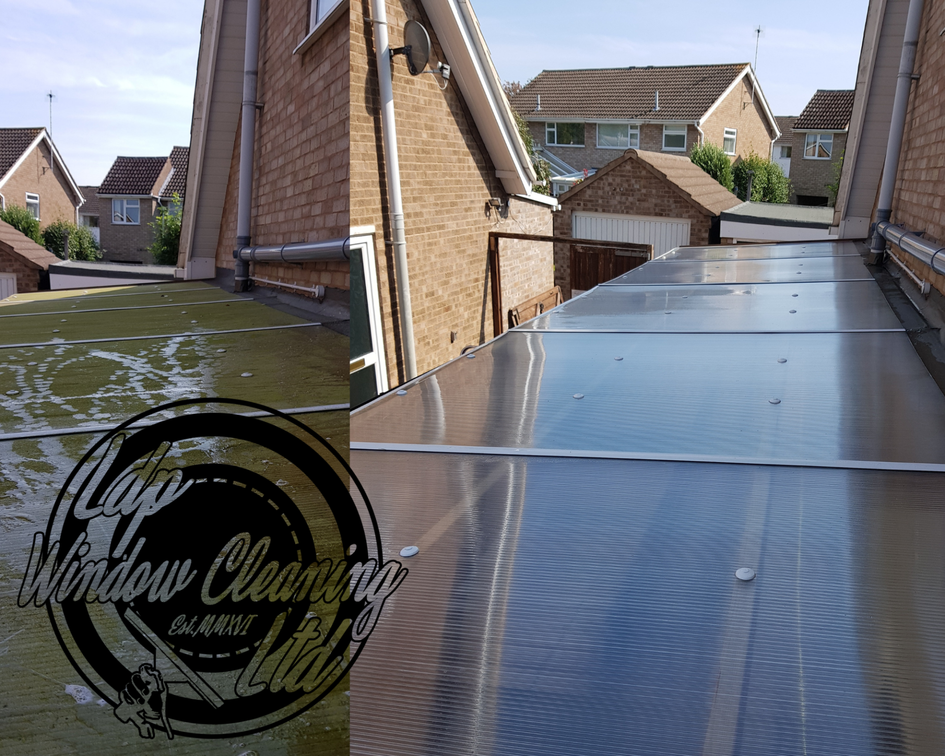 before and after photo of a lean too conservatory roof we cleaned in leicester