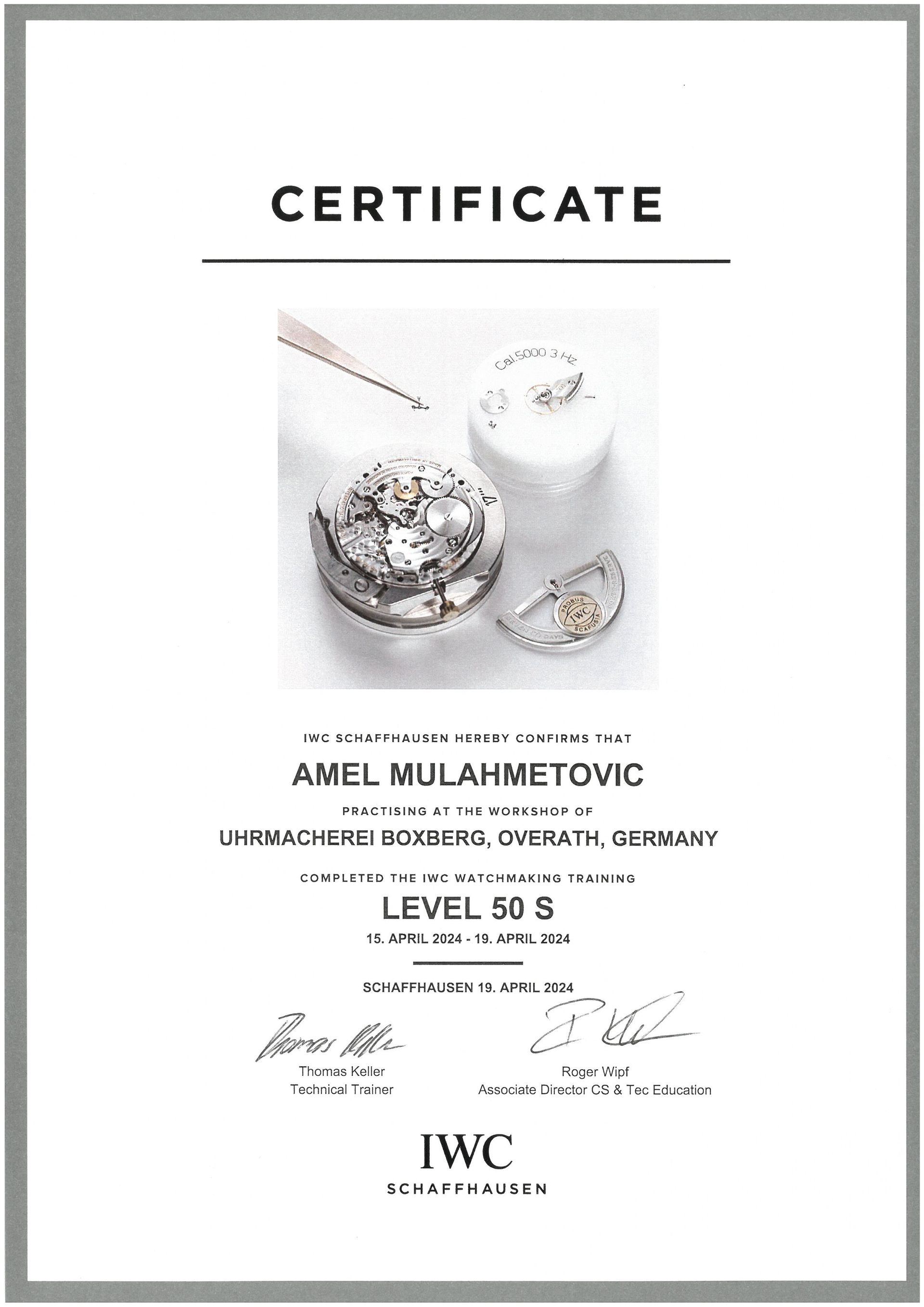 IWC LEVEL 50 ZERTIFIKAT IWC Uhrmacher
