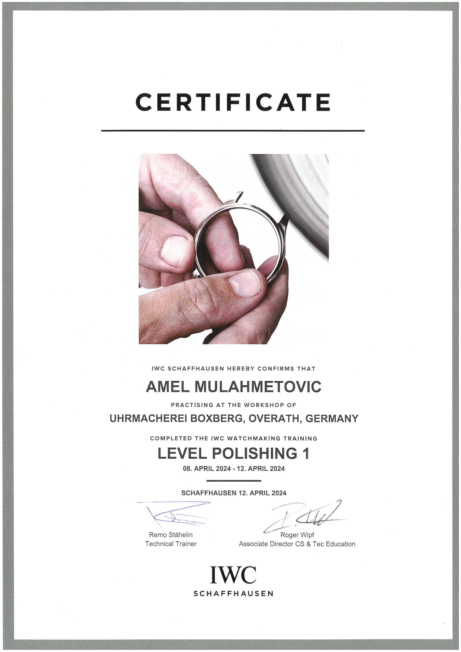 IWC POLISHING LEVEL 1 ZERTIFIKAT IWC LEVEL 1
