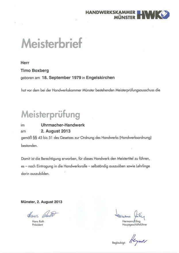 UHRMACHER MEISTERBRIEF TIMO BOXBERG Uhrmacher Meisterbrief Timo Boxberg