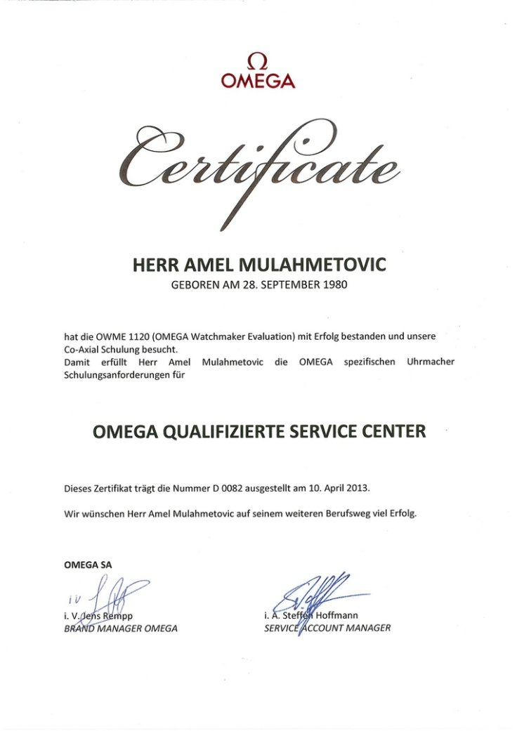 OMEGA ZERTIFIZIERUNG OMEGA UHRMACHER ZERTIFIZIERUNG