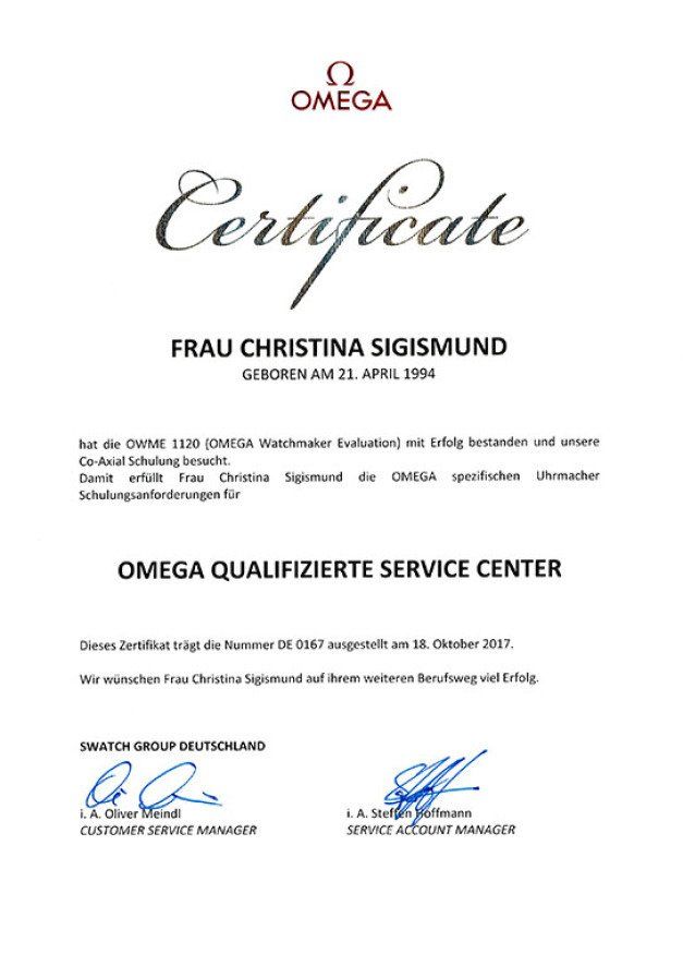 Omega Uhrmacher Zertifikat